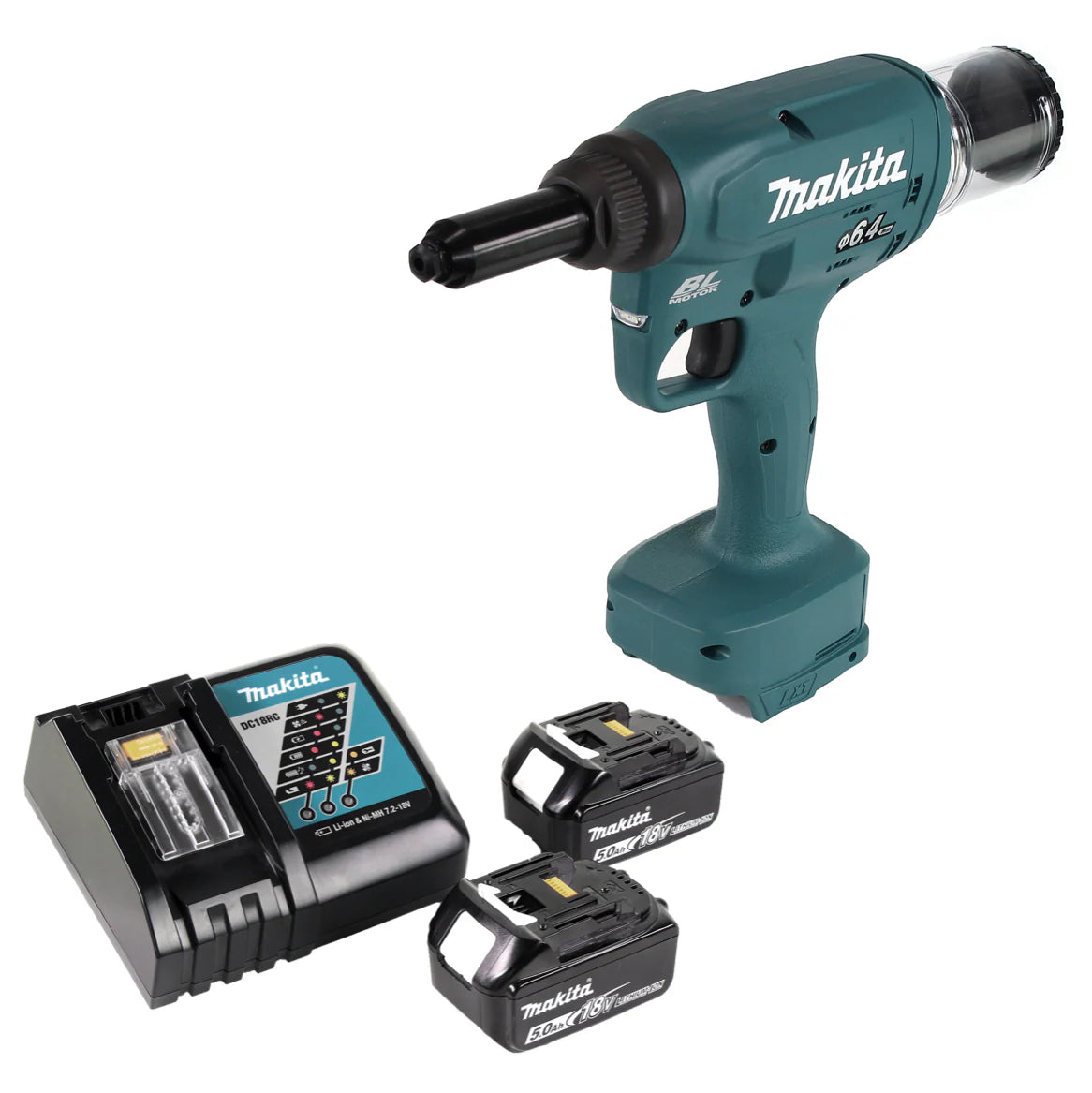 Makita DRV 250 RT Riveteuse aveugle sans fil 18V 20kN brushless + 2x Batterie 5.0Ah + Chargeur(d¨¦faut)