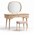 Coiffeuse en bois clair avec miroir ovale et tabouret en tissu rose 120 x 50 x 75cm
