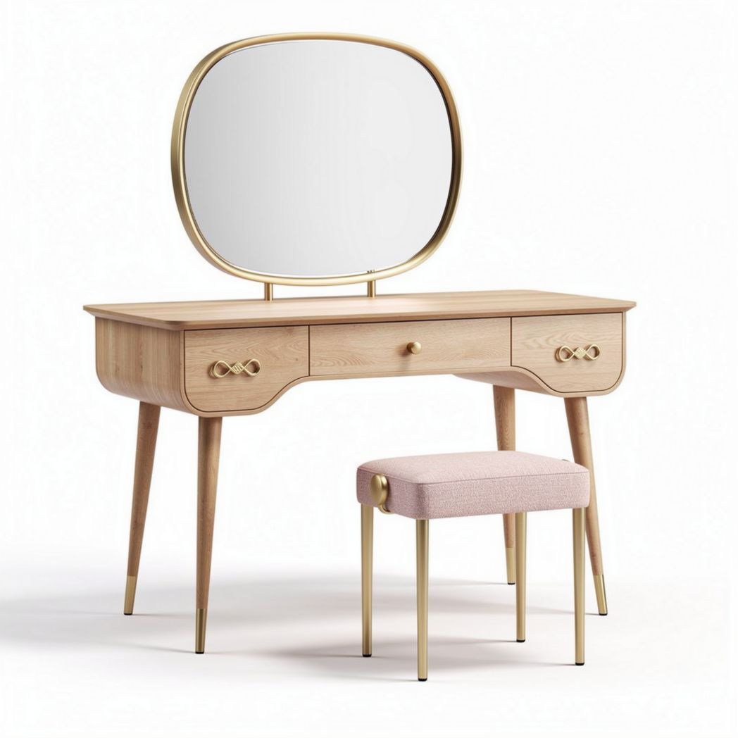 Coiffeuse en bois clair avec miroir ovale et tabouret en tissu rose 120 x 50 x 75cm