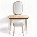 Coiffeuse en bois clair avec miroir ovale et tabouret en tissu gris 80 x 40 x 150cm