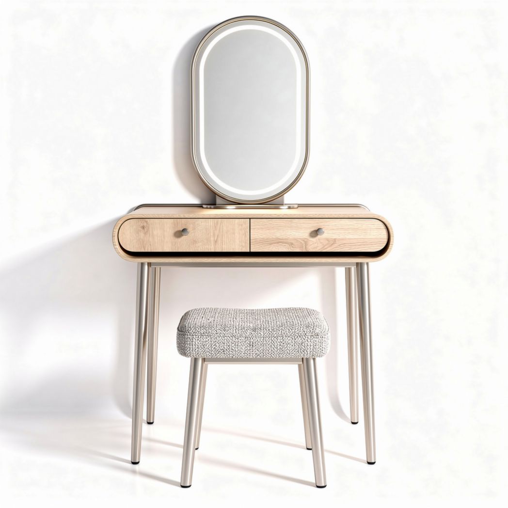 Coiffeuse en bois clair avec miroir ovale et tabouret en tissu gris 80 x 40 x 150cm