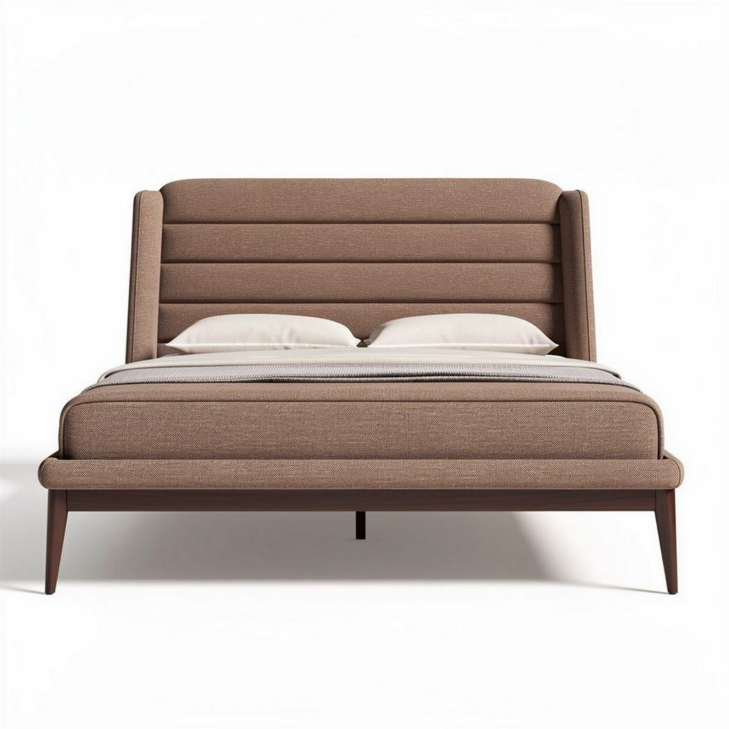 Lit en tissu beige avec tête de lit rembourrée 200 x 160 x 100cm
