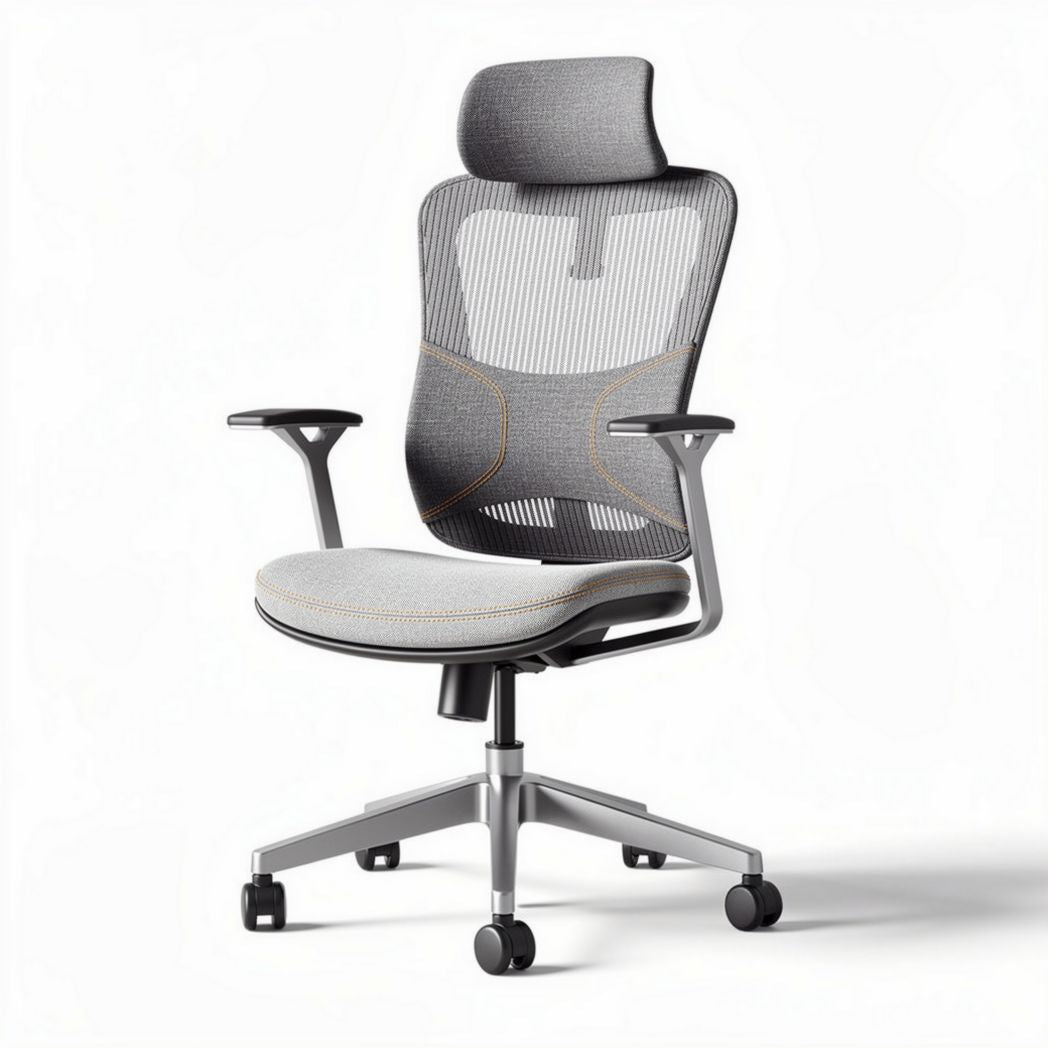 Chaise de bureau ergonomique en maille grise avec accoudoirs et roulettes