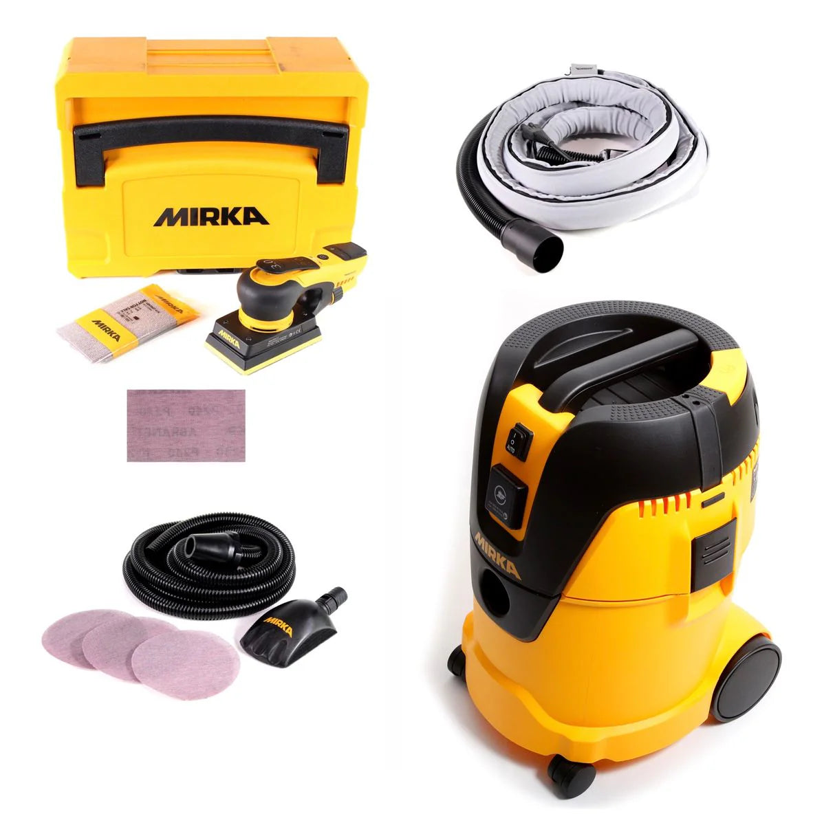 Mirka DEOS System PRO (KIT1720WOMDE) Ponceuse orbitale DEOS 353 CV + aspirateur industriel 1025 L PC + tuyau d'aspiration 4m + kit de d¨¦marrage Roundy + 250x bandes de pon?age(d¨¦faut)