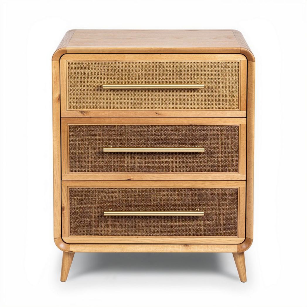 Commode en bois avec tissage en rotin et trois tiroirs 45 x 40 x 60cm