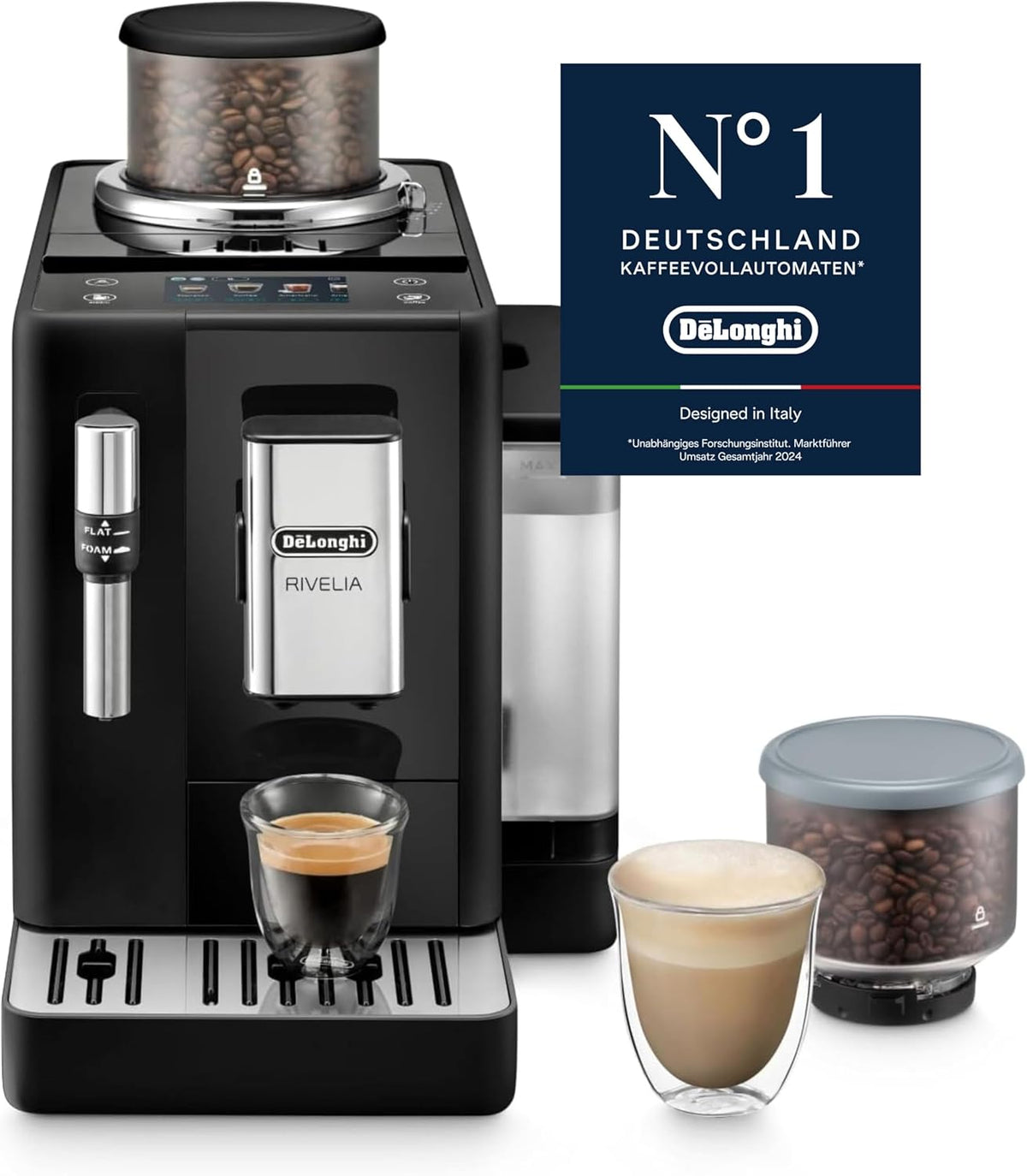 De'Longhi Rivelia EXAM440.35.B, Machine ¨¤ Caf¨¦ Grain Automatique, Grains Fra?chement Moulus, Bac ¨¤ Grains Interchangeable, Buse Vapeur Lait Classique, 8 Recettes, ¨¦cran Tactile Couleur, Noir