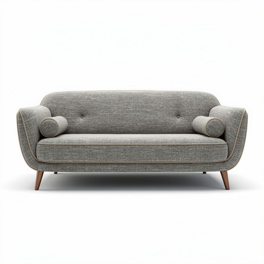 Canapé en tissu gris avec coussins ronds et pieds en bois 195 x 85 x 75cm