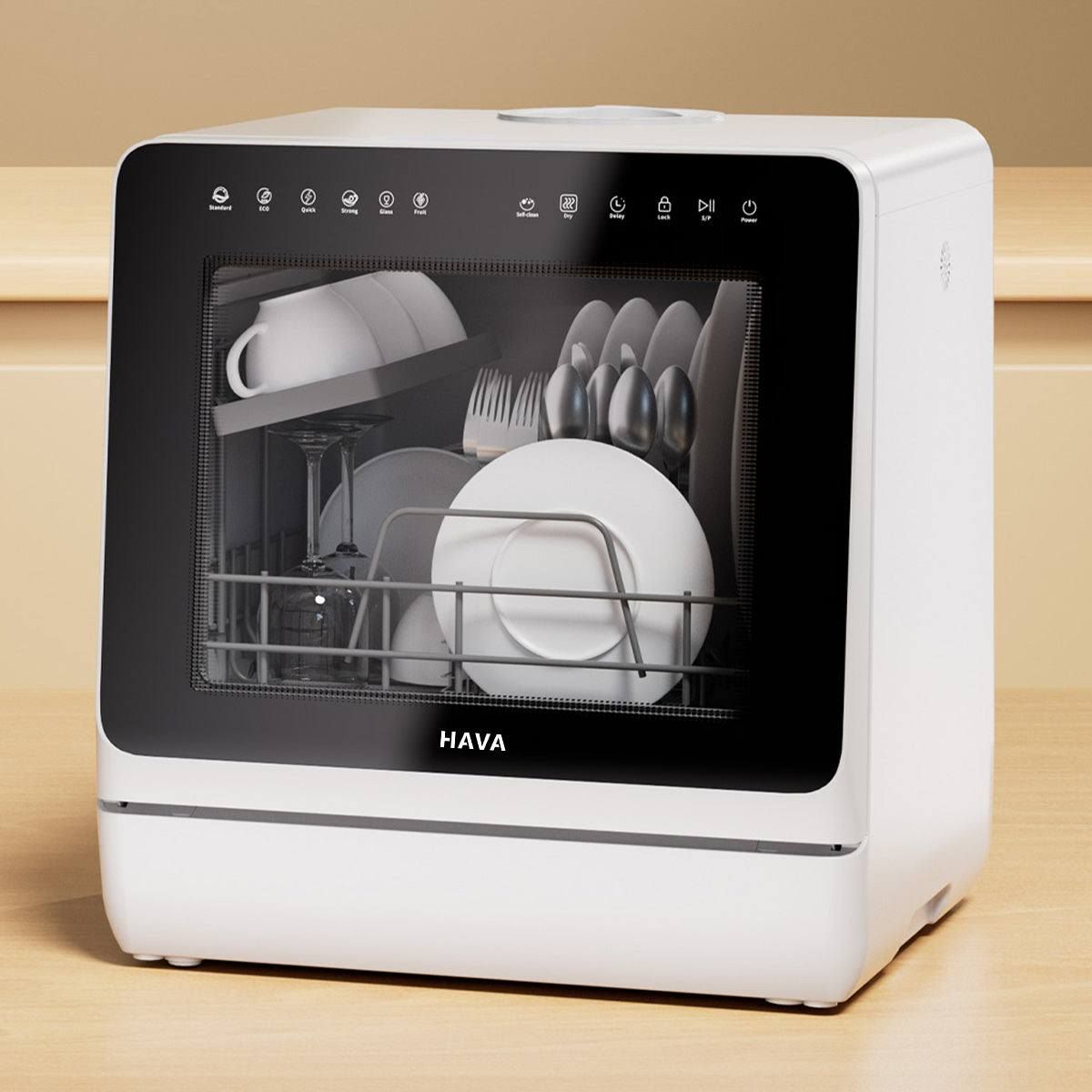 HAVA R09 Lave-vaisselle Compact de Comptoir / Adoucisseur d'eau int¨¦gr¨¦ / 2-5 converts / 7 Programmes(Blanc/Noir)