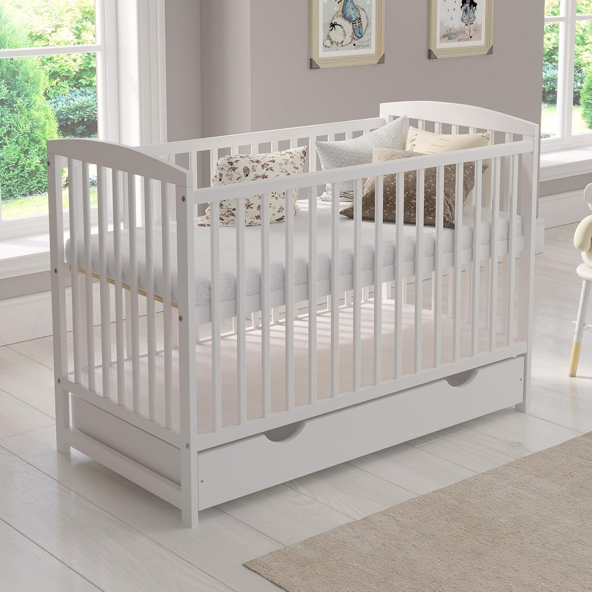 Love For Sleep lit b¨¦b¨¦ ¨¦volutif en bois blanc 120 ¡Á 60 cm avec matelas mousse, tiroir, barri¨¨re de s¨¦curit¨¦ et protections en silicone, mod¨¨le Jacob(Blanc)