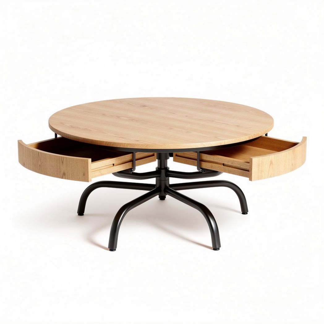 Table basse ronde en bois avec tiroirs en métal 85 x 85 x 40cm