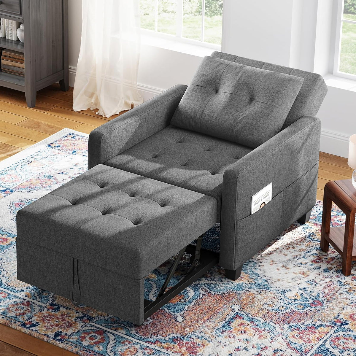 Canap¨¦-lit Compact 3-en-1, canap¨¦ Pliant  ottomane avec Fonction lit, Fauteuil Convertible jusqu'¨¤ 200 kg, canap¨¦-lit avec rev¨ºtement Effet Lin, Fauteuil pour Salon et Chambre d'amis, Gris fonc¨¦
