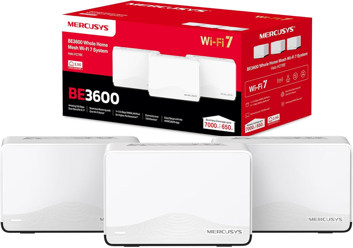 MERCUSYS TP-Link Routeur WiFi 7 Mesh BE3600Mbps Double Bande, 1 Port 2,5G + 2 Ports Gigabit, Couverts jusqu'¨¤ 650m2, Connectez 150 appareils, Compatible Toutes Les Box Internet, Halo H27BE(3-Pack)(Blanc)