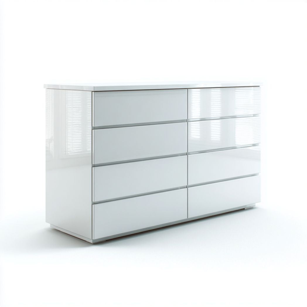 Commode ¨¤ huit tiroirs en blanc brillant sans poign¨¦es au design lin¨¦aire