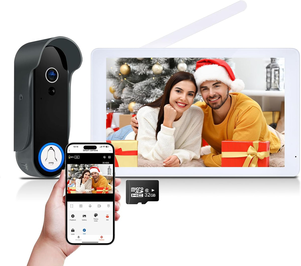 WiFi 1080P Visiophone sans Fil, Interphone Vid¨¦o sans Fil avec ¨¦cran Tactile 8'', Sonnette avec Cam¨¦ra, Vision Nocturne, D¨¦tection de Mouvement, Contr?le de l'application(Blanc)