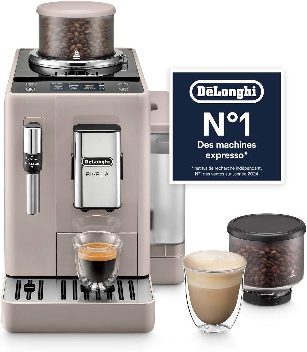 De¡¯Longhi Rivelia - Perfetto Machine ¨¤ Caf¨¦ Automatique, Mousseur ¨¤ Lait Classique, 8 Boissons Enregistr¨¦es, ¨¦cran Tactile Couleur, R¨¦servoir ¨¤ Grains de Caf¨¦ Interchangeables, Noir (EXAM440.35.BG)(Noir/Beige)