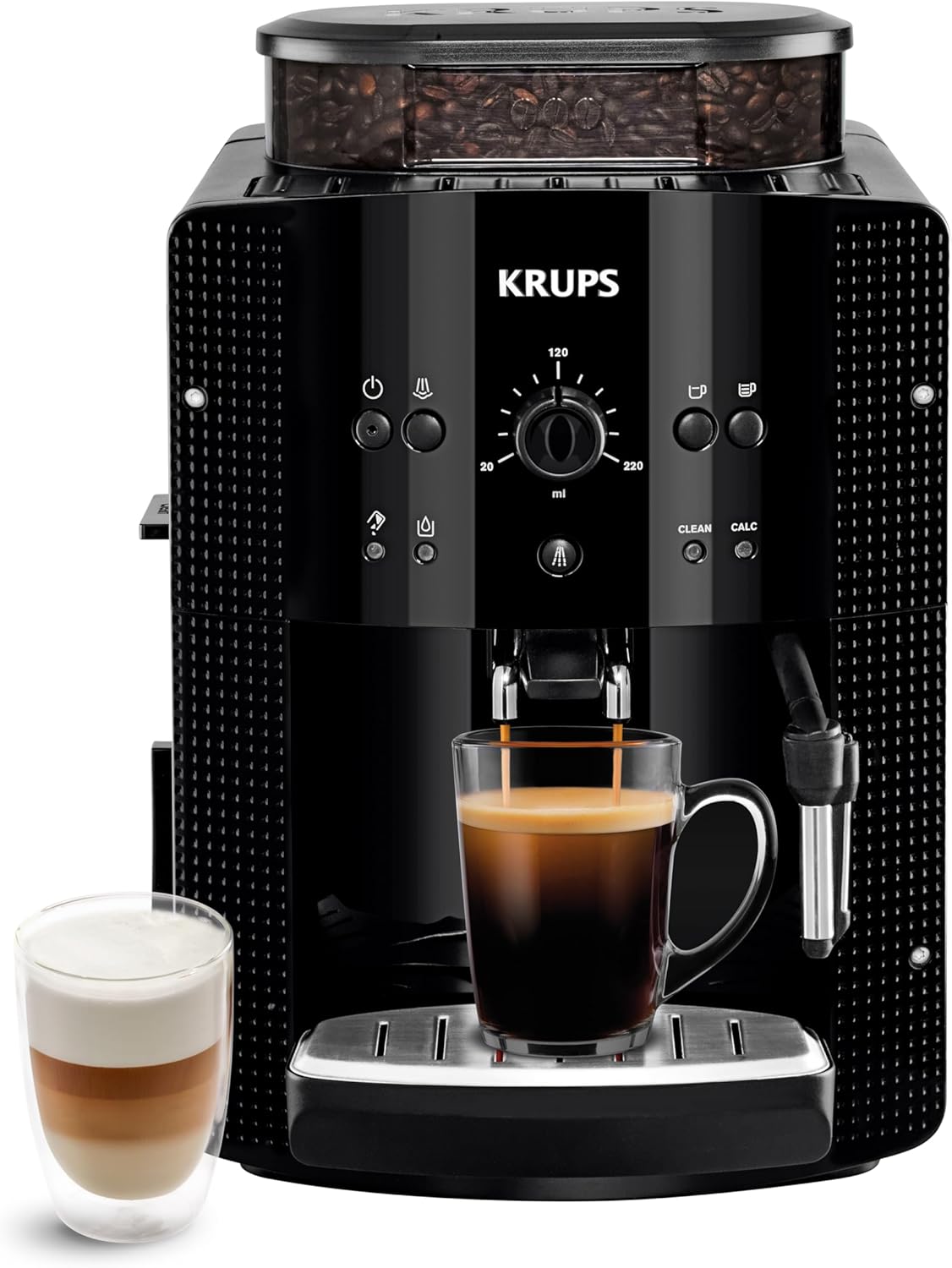 Krups Machine ¨¤ caf¨¦ grain, machine expresso, 2 tasses en simultan¨¦, Nettoyage automatique, Buse vapeur pour Cappuccino, Cafeti¨¨re espresso, Essential noire YY8125FD(Noir)