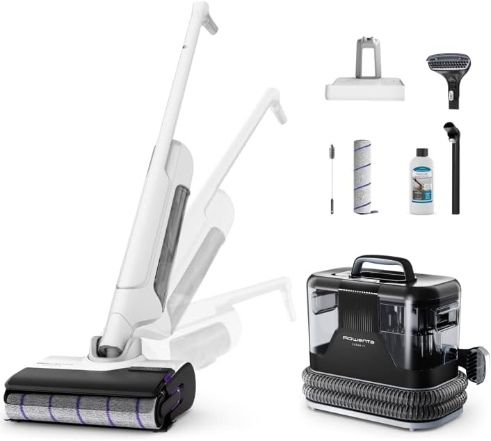 Rowenta X-Clean 10 et Clean it, Aspirateur Laveur sans Fil et Shampouineuse, Parfait pour Taches Tenaces et Poils, Sols Durs, Moquettes et Tapis GZ7540WO + IN5010F0(Blanc/Noir)