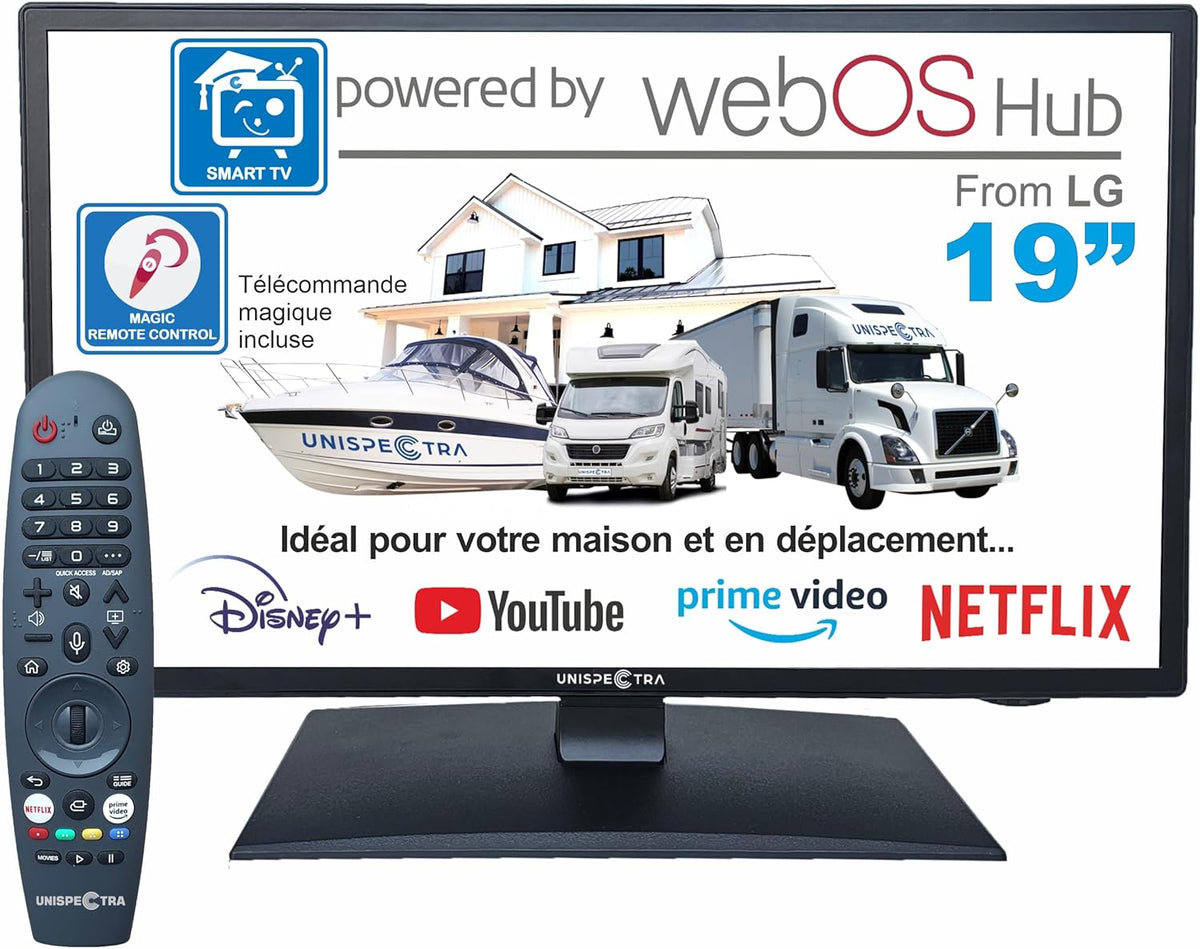 Unispectra ? 19¡± Smart TV (webOS) avec T¨¦l¨¦commande Magique 12v HDR 230v 24v TV TNT et Tuner Sat 3xHDMI 2xUSB. T¨¦l¨¦viseurs 12V pour Camping-Cars, caravanes, fourgonnettes, Bateaux(Noir)