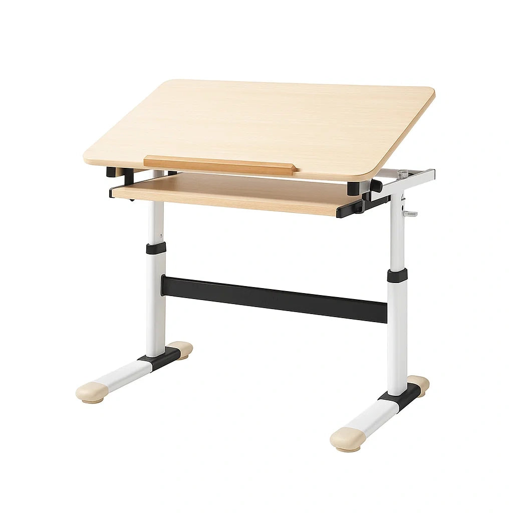 Bureau pour enfant r¨¦glable bois et m¨¦tal 90x60x65-85 cm(Bois Clair/Blanc)